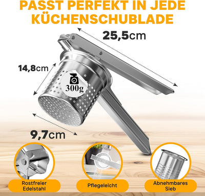 mySachen® Ergonomische Kartoffelpresse aus Edelstahl–vielseitig und pflegeleicht - Testsieger - Kart