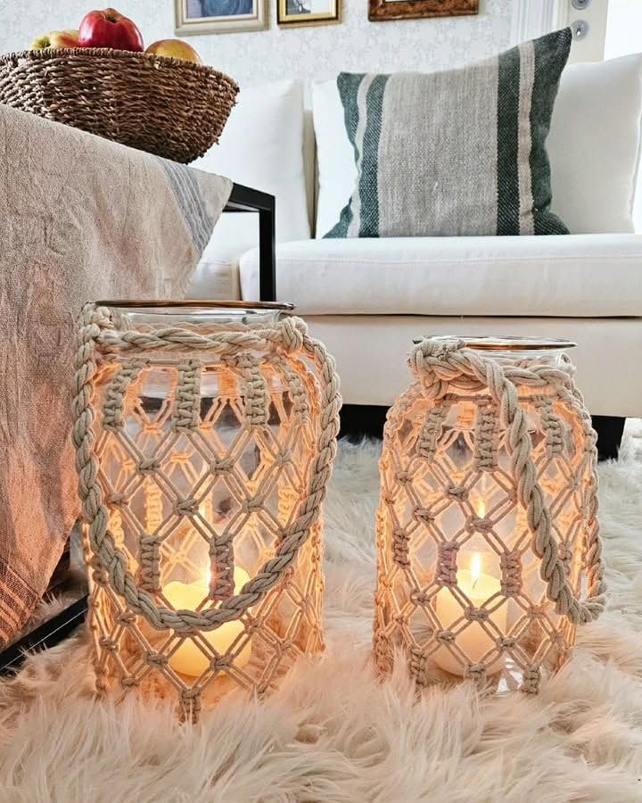 Laterne Glas weiss 31 cm mit Griff Makramee geflochten Tischdeko Boho Jalebi