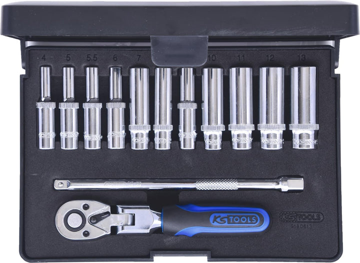 KS Tools 918.0613 1/4 Zoll CHROMEplus Steckschlüssel-Satz | inklusive Umschaltknarre, 72-Zahn | hoch