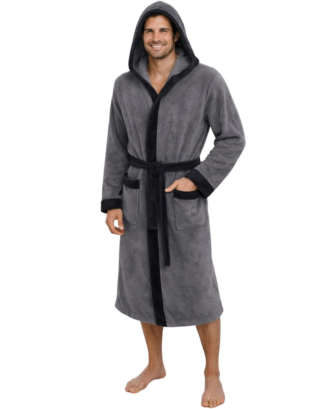 Morgenstern Bademantel Herren Kapuze Frottee 100% Baumwolle Lang Cadiz Salamanca M Grau-Schwarzgrau,