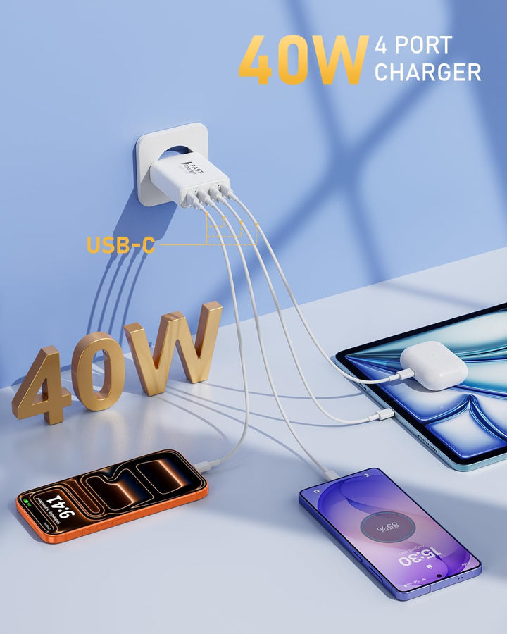 2er Pack 40W Ladegerät USB C Mehrfach, 4 Port USBC Stecker Netzteil Ladeadapter, Adapter Kompatibel