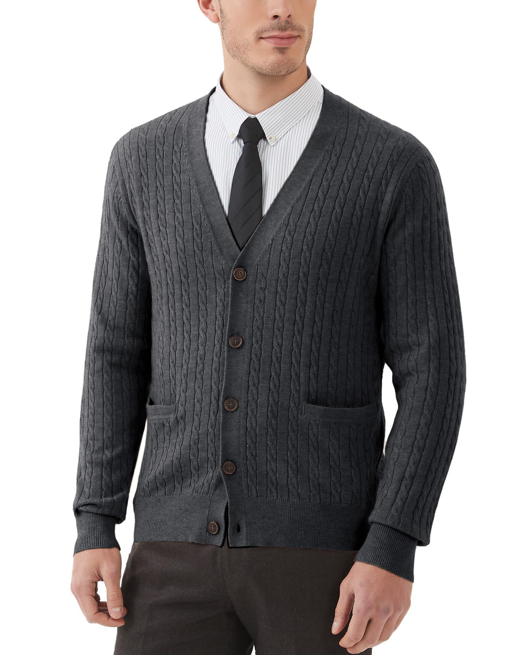 Kallspin Herren Strickjacke aus Wollmischung Zopfstrick Cardigan mit Knopfverschluss und Taschen S D
