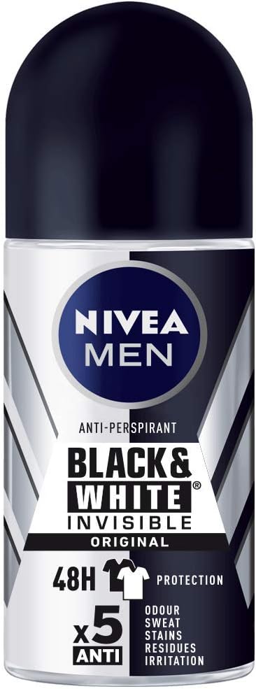 NIVEA Black White 6' 50 ml Deodorant The Invisible Roll-on for Black & White Men Original, (Paquete