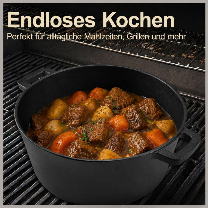2 in 1 Gusseisen Dutch Oven 5 QT Vorgewürzter Gusseisentopf mit 1,6 QT Pfannendeckel Schwerer Bräter