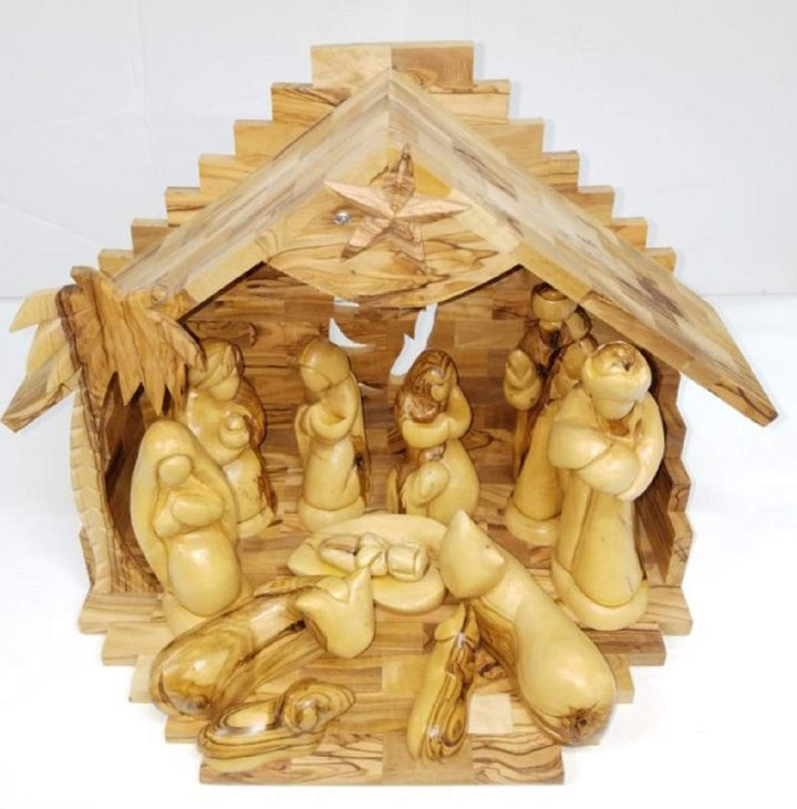 Geschnitzt aus Bethlehem Olivenholz Weihnachten Weihnachtskrippe Geschichte-Set mit Stall (27,9 cm M
