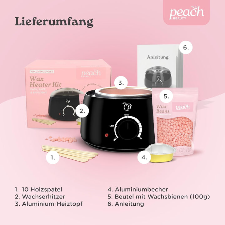 Wachswärmer | Waxing Set mit 100g Wachsperlen für Haarentfernung + 10 Spatel aus Holz + Aluminium-Wa