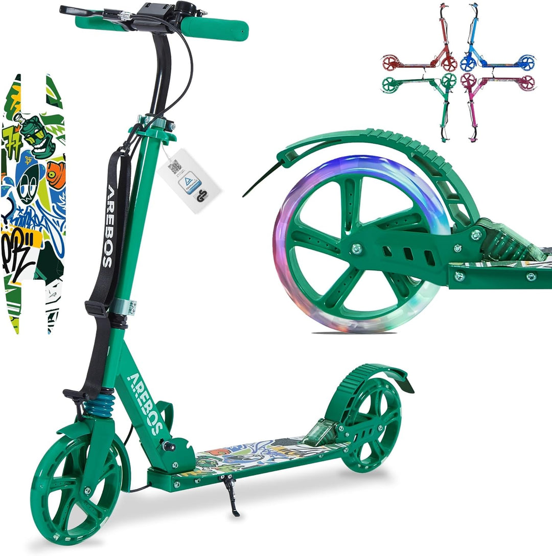 Arebos Cityroller Tretroller mit LED | höhenverstellbar | klappbar | inkl. Tragegurt | Hand- & Tritt