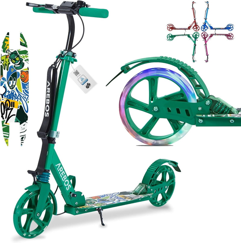 Arebos Cityroller Tretroller mit LED | höhenverstellbar | klappbar | inkl. Tragegurt | Hand- & Tritt