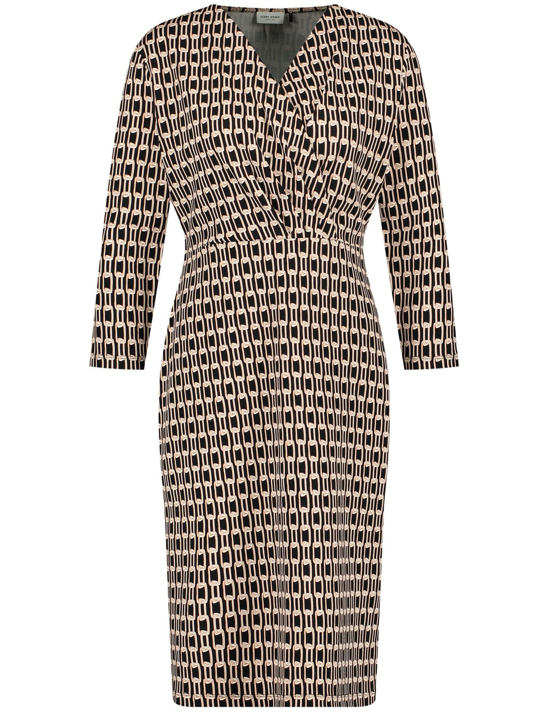 Gerry Weber Damen Kleid mit Wickeloptik und Kettendessin 3/4 Arm Gemustert kurz 46 Schwarz/Ecru/Weis