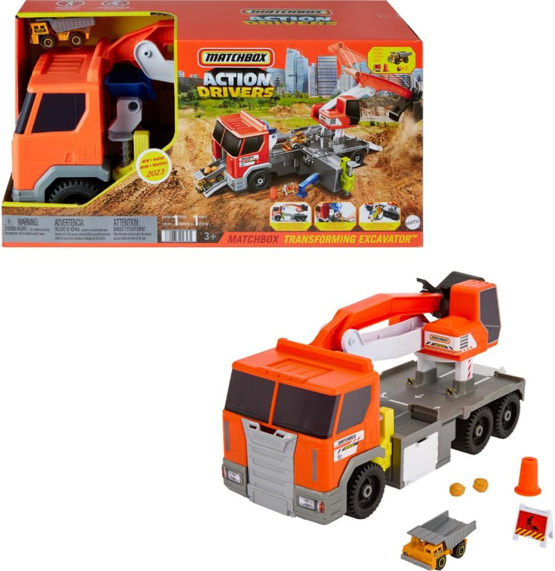 MATCHBOX Action Drivers Transforming Excavator - Spielzeug-Baulastwagen mit Bohrstation, Kran und Fe