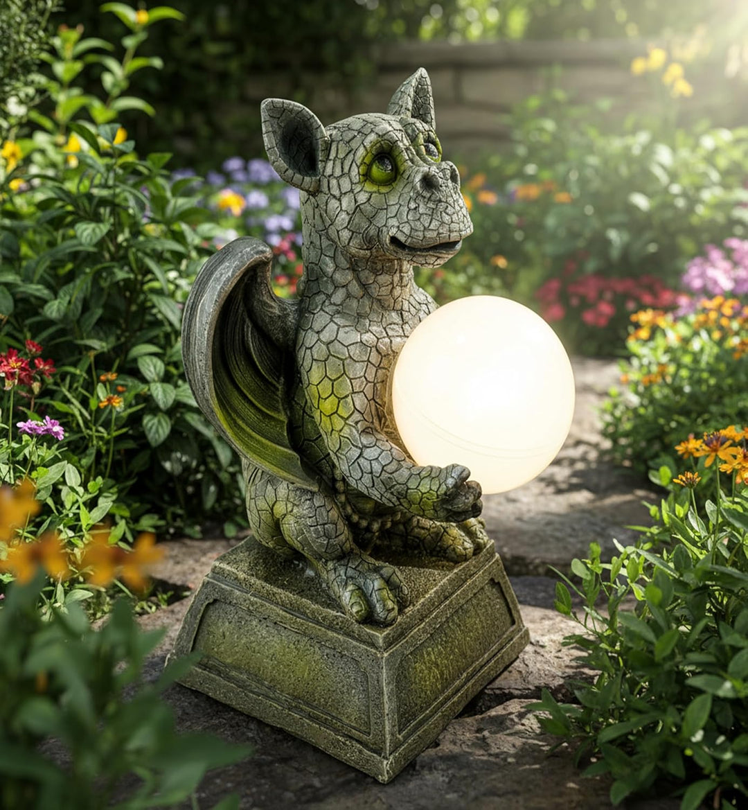 Kremers Schatzkiste Drachenkind mit Solarkugel 30 cm Drache Figur Gartenfigur Solarfigur Dragon Gesc
