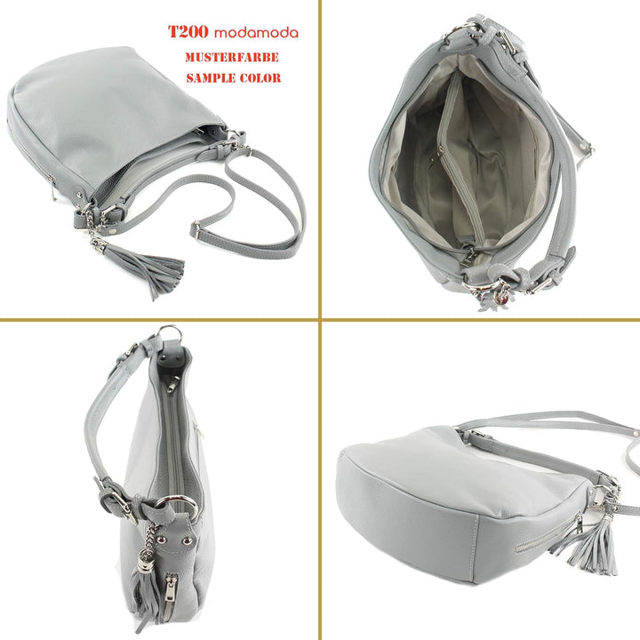 modamoda de T200 Damen Leder Schultertasche Henkeltasche handmade in Italy Beige, Beige