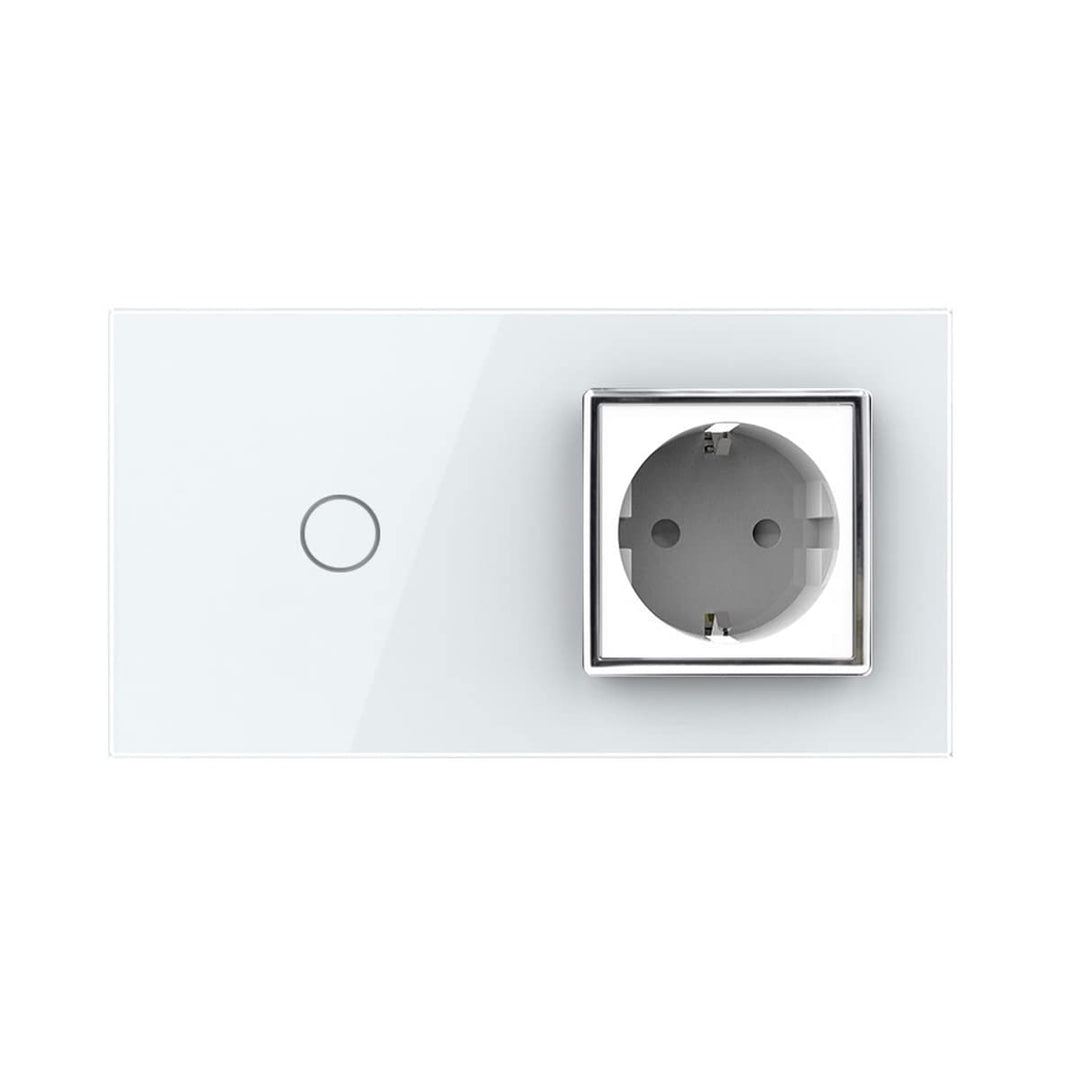 Kombination Design Glas Touch Lichtschalter 1 fach und Glas 1 fach Steckdose weiss