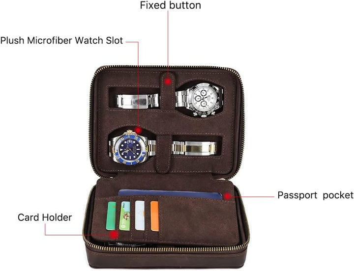 Hiram Multifunktionales Uhrenetui für 4 Uhren, tragbar, echtes Leder, Uhren-Organizer-Box für Damen