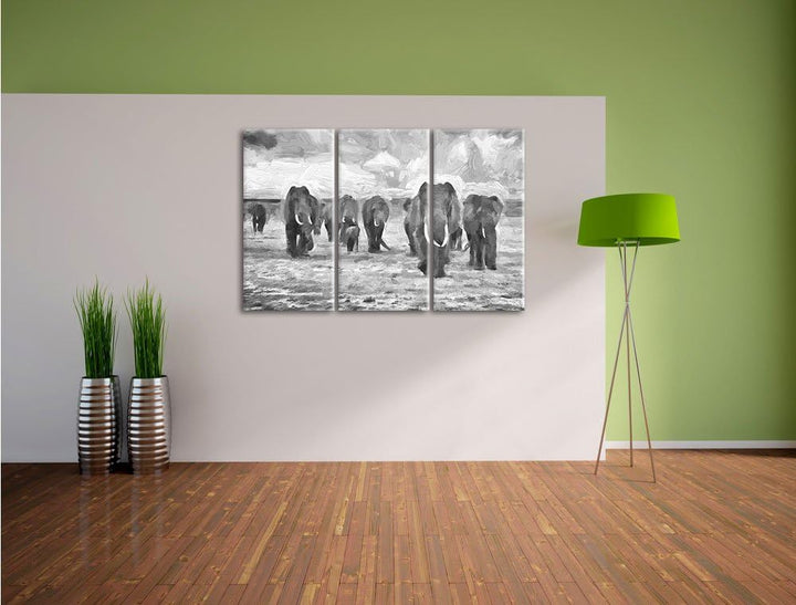 Pixxprint Elefanten Familie in der Savanne als Leinwandbild/Grösse: 3 Teilig (120x80) cm/Wandbild/Ku