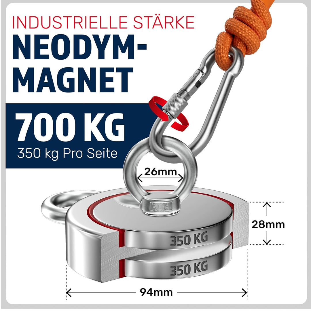 Magnetfischen Mega Set - 700 KG (2 x 350KG) - Ø94mm - Neodym Magnet mit 2 Seilen, Greifhaken & Hands