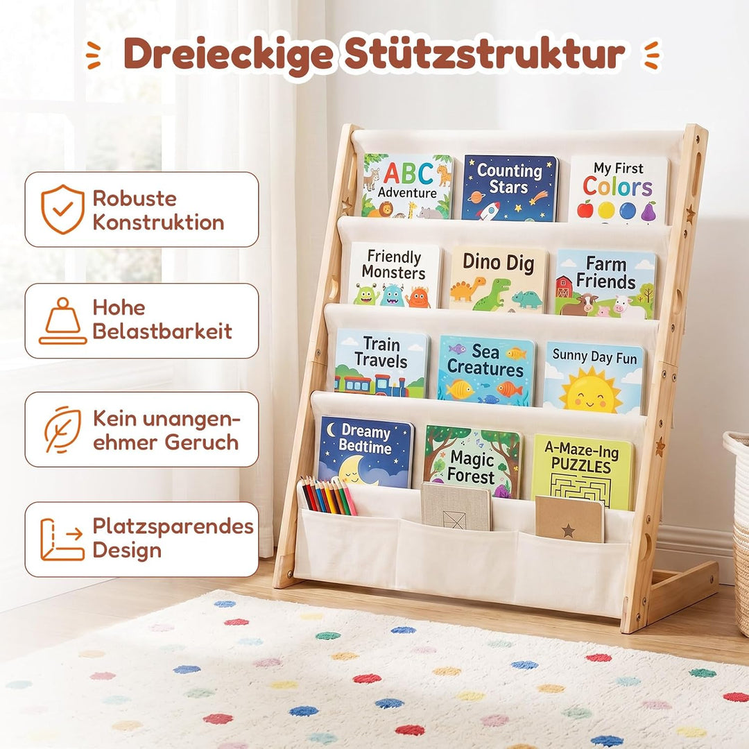 COSYLAND Bücherregal Kinder aus Kiefernholz, 4 Tiefe Fächer für Übersicht | Cover frontal sichtbar,