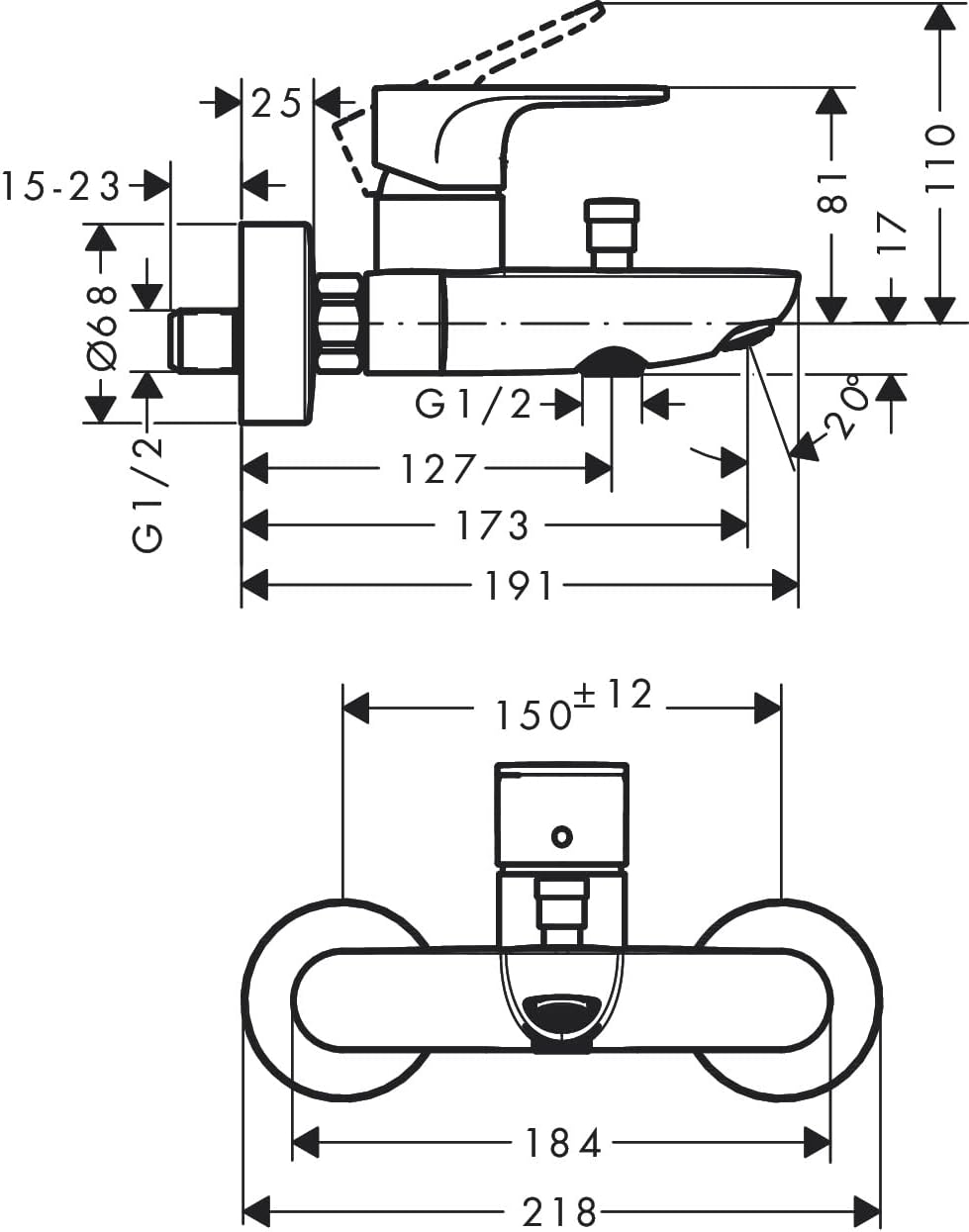 hansgrohe Wannenarmatur Rebris S, Aufputz Badarmatur für 2 Funktionen, Chrom Chrom Wanne, Chrom Wann