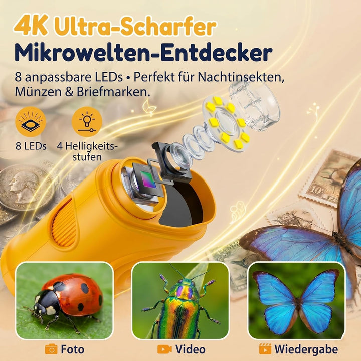 Mikroskop für Kinder, 1000X 4K Tragbares Digitales Mikroskop mit 2,4″ IPS-Display & 8 LED, USB-aufla