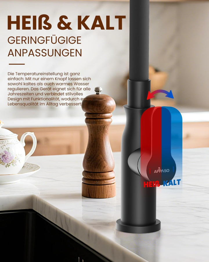 APPASO Flexibler Wasserhahn Küche Schwarz, Spültischarmatur 360° Schwenkbar, Küchenarmatur Schwarz M