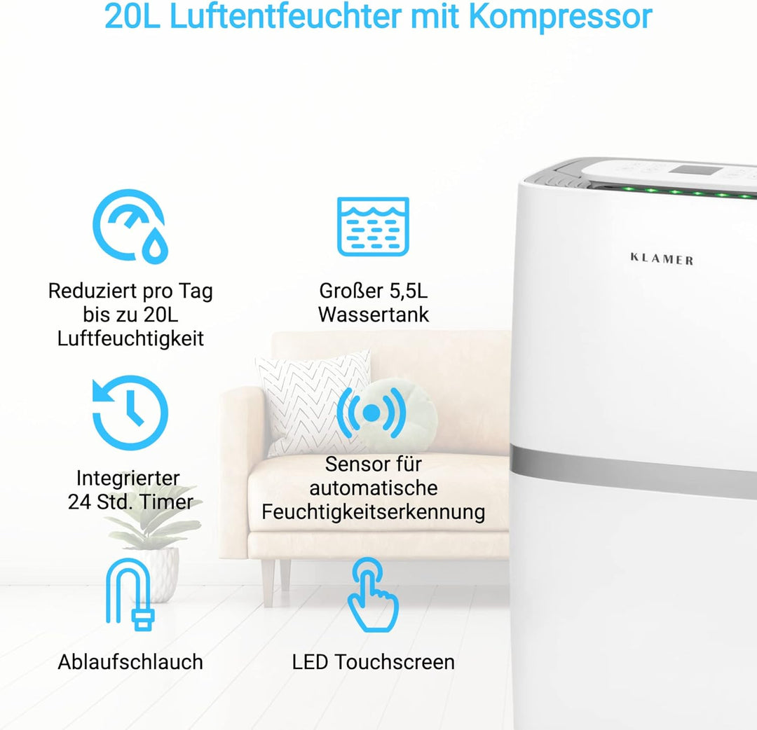 KLAMER Luftentfeuchter elektrisch 20L, 195m³ Luftumwälzung pro Stunde, 420W starker Raumentfeuchter,