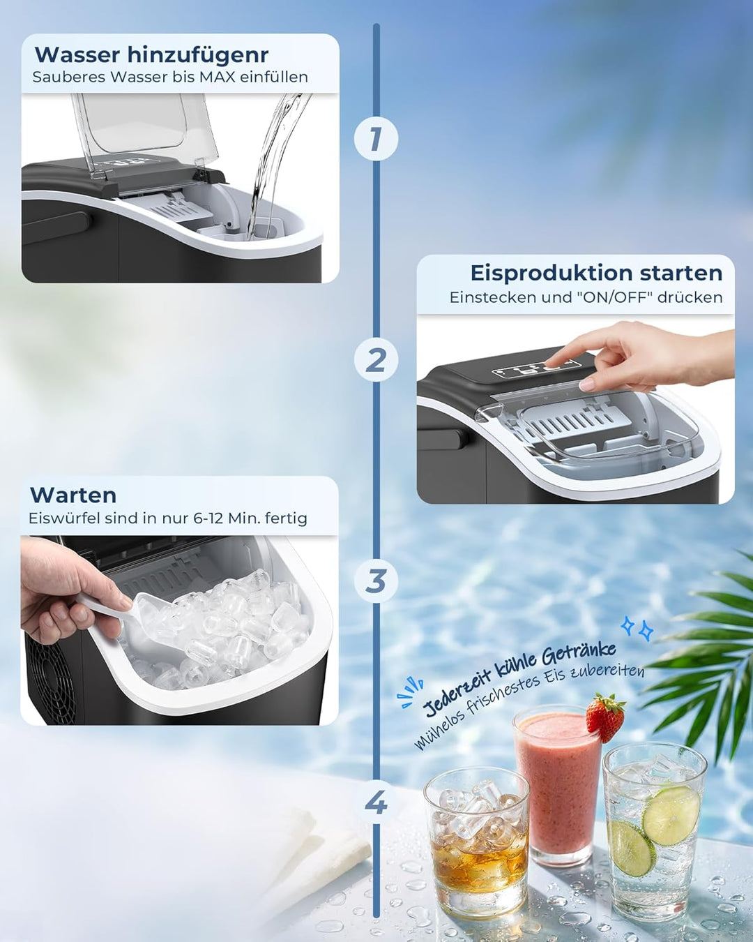 Eiswürfelmaschine Klein – Ice Maker, 8 Eiswürfel in 6 Minuten, 12 kg/24 Stunden, 2 Eiswürfelgrössen,