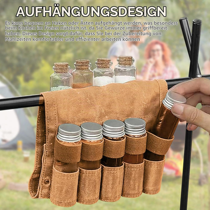 LEKEFETO Tragbare Gewürztasche aus Segeltuch mit 9 Gewürzgläsern, Camping Gewürzset für Outdoor, BBQ