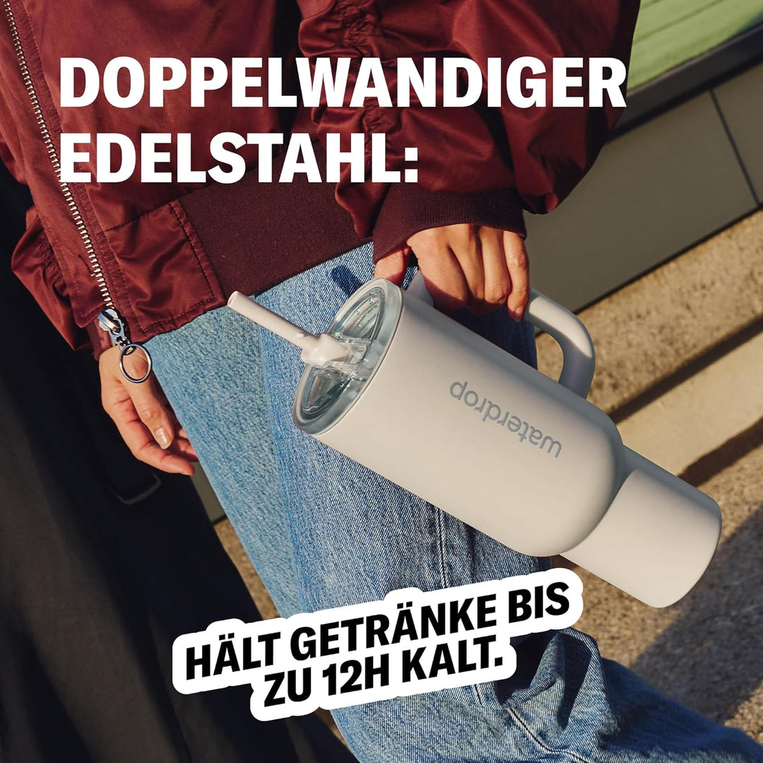 waterdrop® Thermobecher mit Strohhalm 1,1L – Auslaufsichere, robuste Trinkflasche mit aufklappbarem