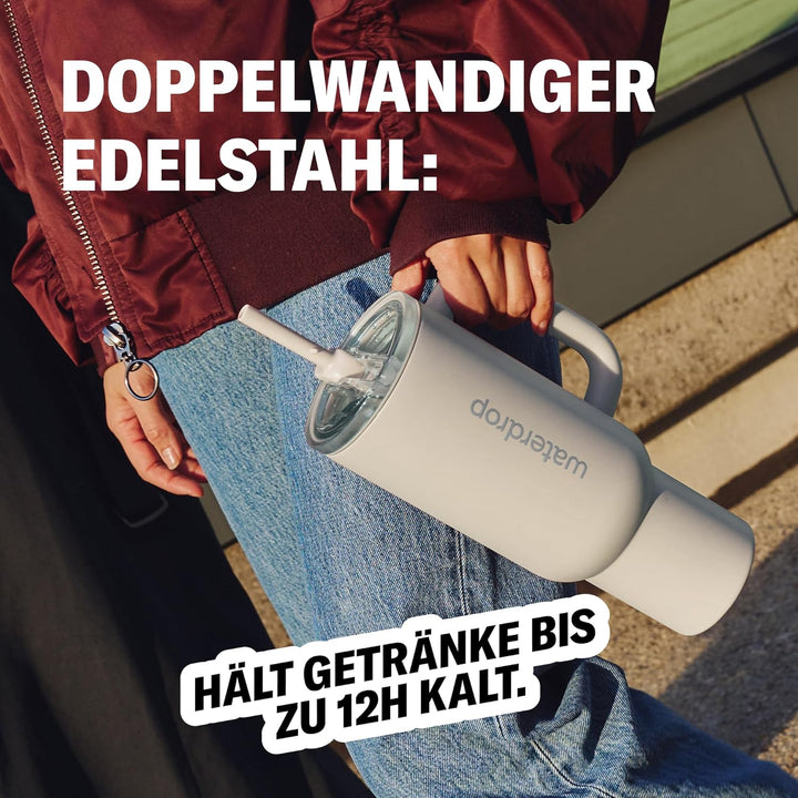 waterdrop® Thermobecher mit Strohhalm 1,1L – Auslaufsichere, robuste Trinkflasche mit aufklappbarem