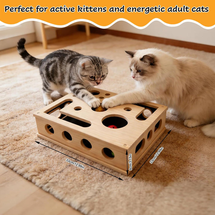 Beschäftigungsbox Katzen, Kratzpuzzle Spielbox Holz Katzens, Interaktives Spielzeug Katzens mit Bäll