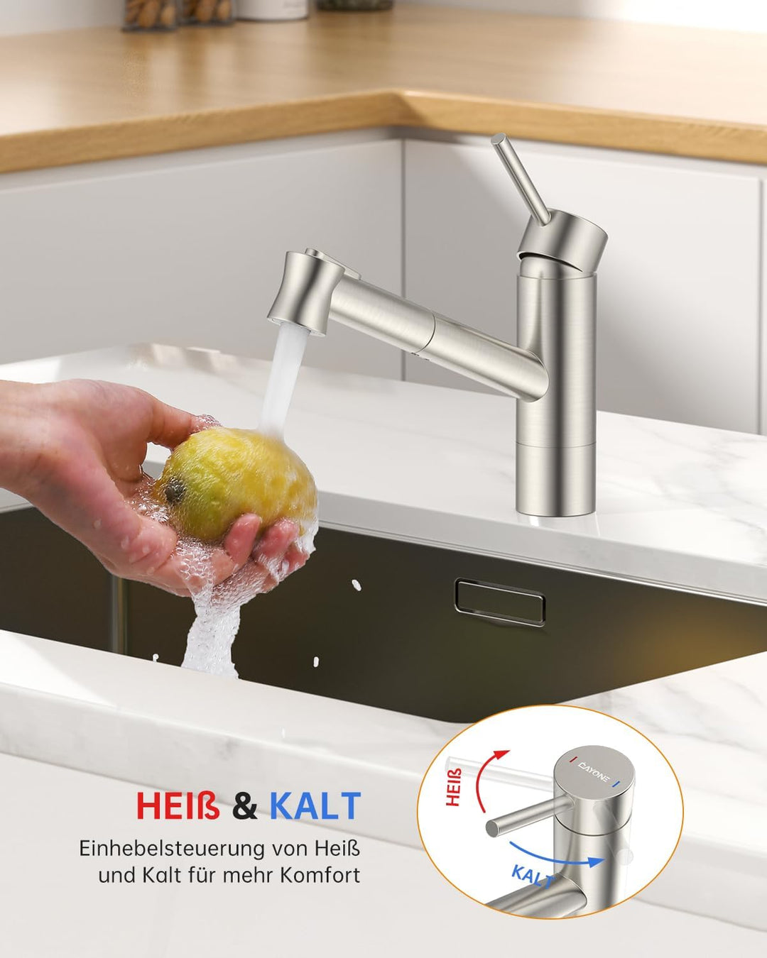 DAYONE Niederdruck Wasserhahn Küche, Niederdruck Küchenarmatur mit Ausziehbarer Brause, 3 Anschlüsse