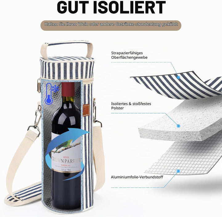 Kato Flaschentasche für 1 Flasche Kühltasche für Wein Bier Getränke Outdoor Tragetasche mit Trennwan