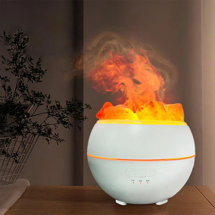 Salzsteinbefeuchter mit LED Umgebungslicht, Flammenlicht und Regenbogengradient USB Aromatherapie Ma