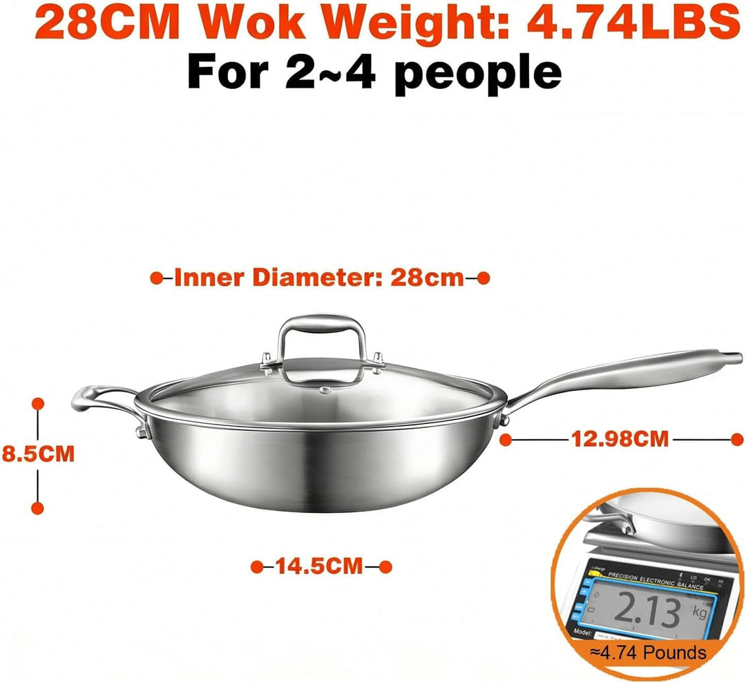 Wokpfanne Induction 28 cm: 3-Schicht Edelstahl Wok Pfanne mit Deckel,Effiziente Heizung,Unbeschichte
