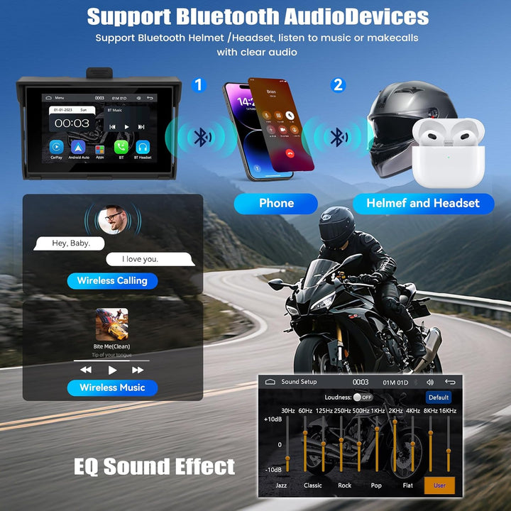 SIXWIN Carplay Motorrad Display für Moto mit Wireless Carplay Android Auto, 5 Zoll HD Touchscreen Bi