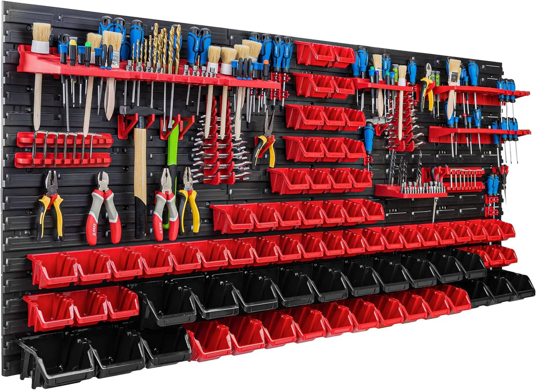 Lagersystem Werkstattregal | 172 x 78 cm | 74 stck. Box | Wandregal mit Werkzeughalterungen und Stap