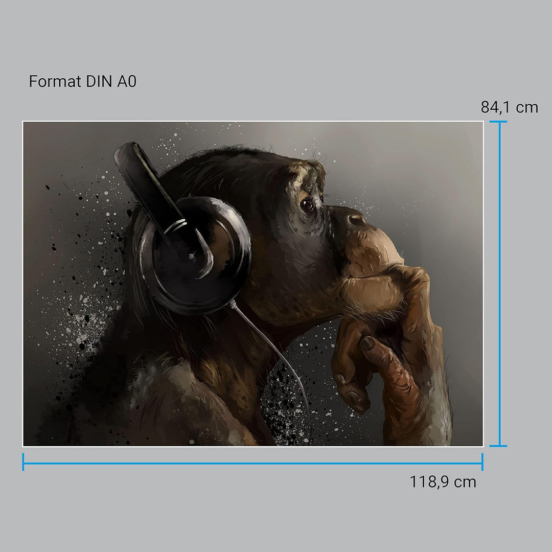 wandmotiv24 Poster als Wanddeko, Grösse Din A0, AFFE mit Kopfhörer, Headset, Musik, Tiere, Affen, Mo