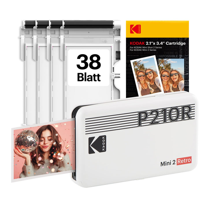KODAK Mini 2 Retro 4PASS Mobiler Fotodrucker (5,3x8,6cm)- Paket met 68 Blatts, Weiss Drucker + 68 Bl