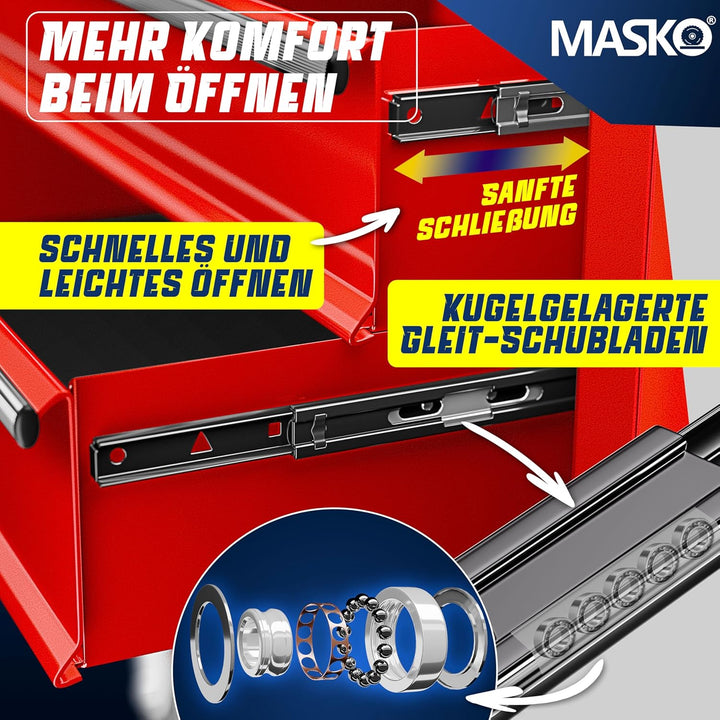 MASKO® Werkstattwagen - 7 Schubladen, rot | Abschliessbar | Massives Metall | Mobiler Werkzeug-Wagen