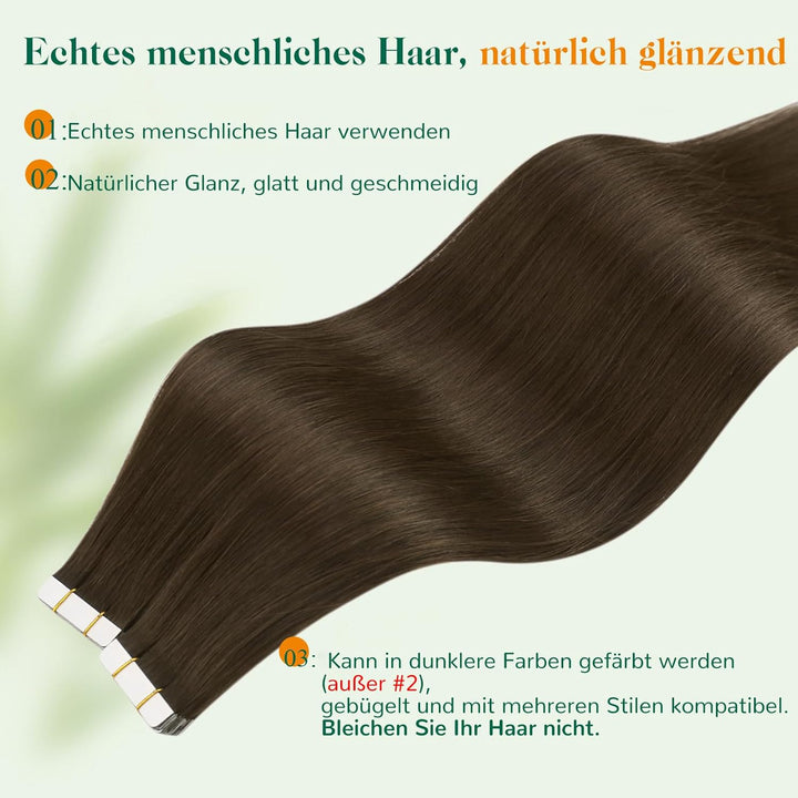 Easyouth Tape on Extension Echthaar Braun Haare mit Tape Extension Echthaar Farbe Dunkelstes Braun 2