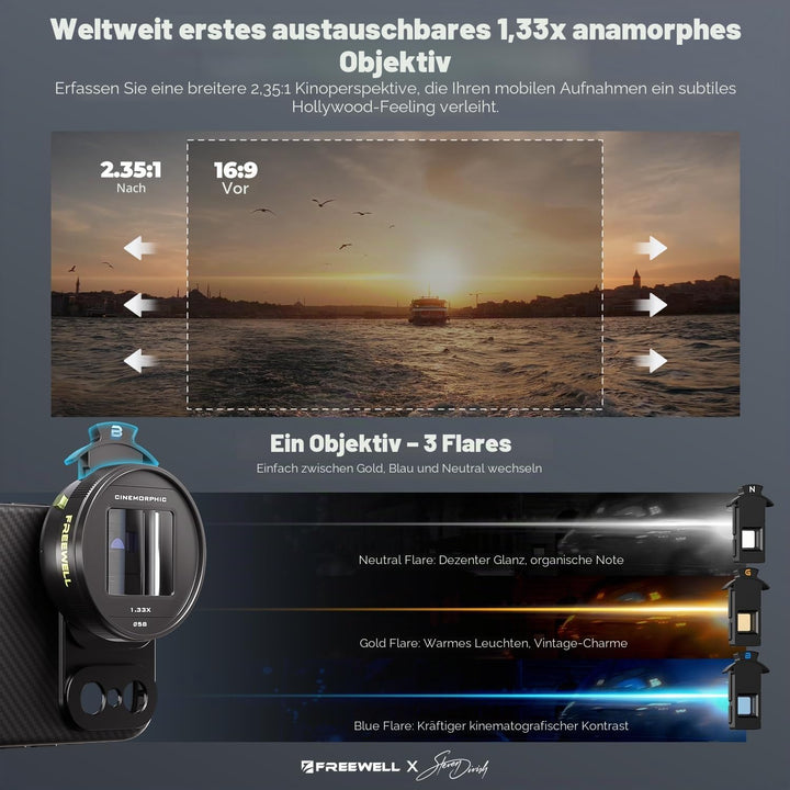 Freewell 1,33-faches anamorphes Objektiv für iPhone und Samsung – 3 Flare-Farben in einem Objektiv (