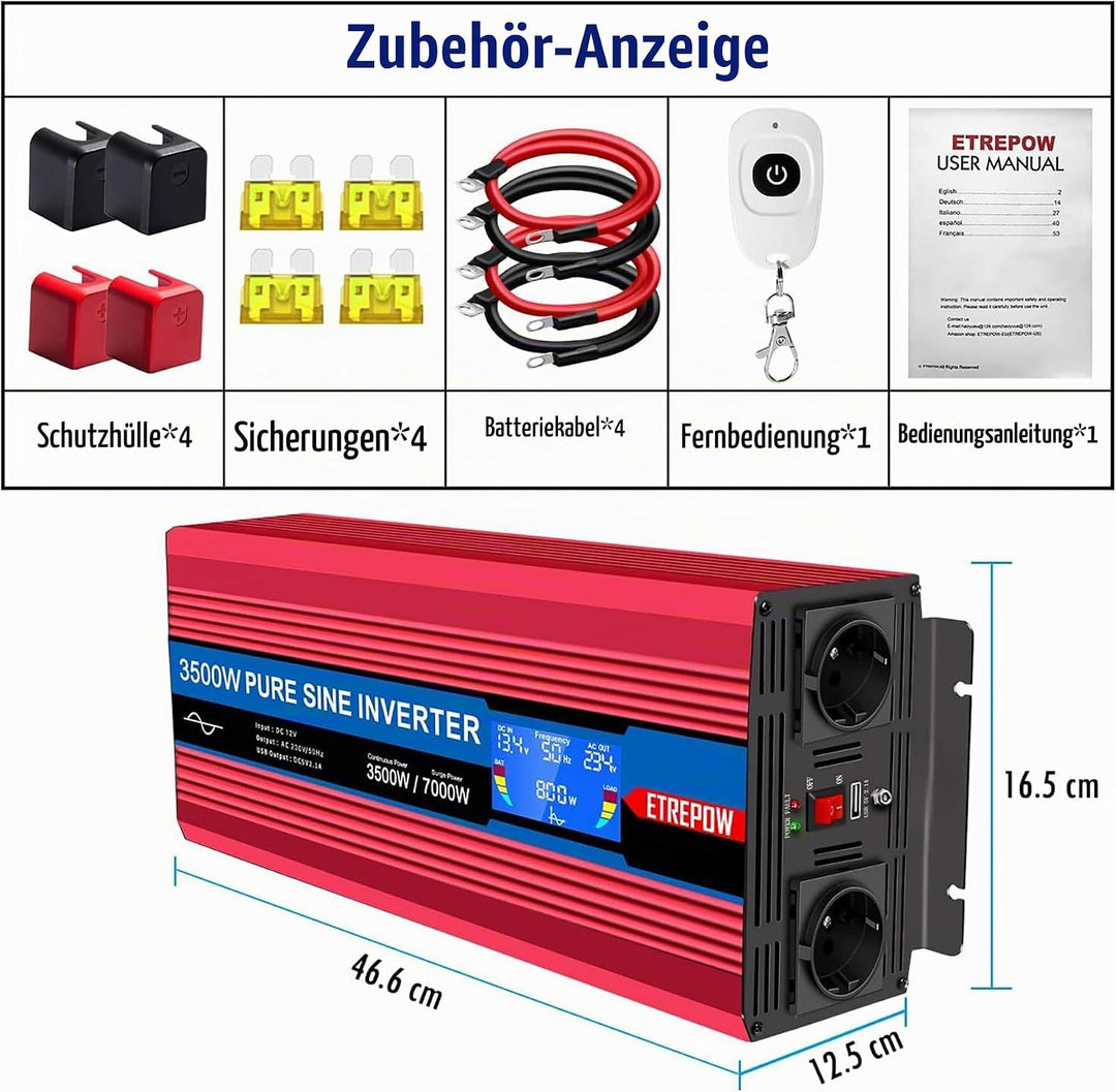 ETREPOW 3500w Spannungswandler 12v Auf 230v Reiner Sinus Wechselrichter mit 2 EU-Steckdose und Einer