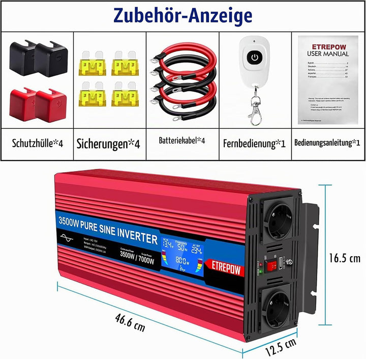 ETREPOW 3500w Spannungswandler 12v Auf 230v Reiner Sinus Wechselrichter mit 2 EU-Steckdose und Einer