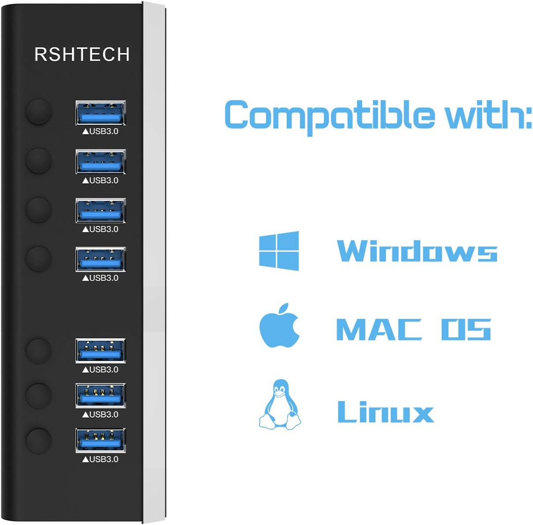 RSHTECH Aluminium 24W USB Hub Aktiv 3.0 mit 12V/2A Netzteil, 7-Port USB 3.0 Hub Multiport USB 3.0 Ve