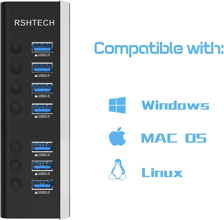 RSHTECH Aluminium 24W USB Hub Aktiv 3.0 mit 12V/2A Netzteil, 7-Port USB 3.0 Hub Multiport USB 3.0 Ve