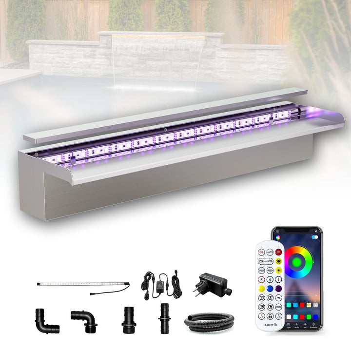 Longrun 60cm Teich Wasserfall Set, 304 Edelstahl Pool Wasserfall Brunnen mit RGB Bluetooth LED und F