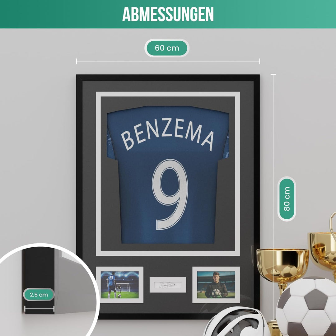 Avalo Trikotrahmen Aluminium - Objektrahmen für Fussballtrikot - 3D Box Frame - 60x80 CM - Schwarz -