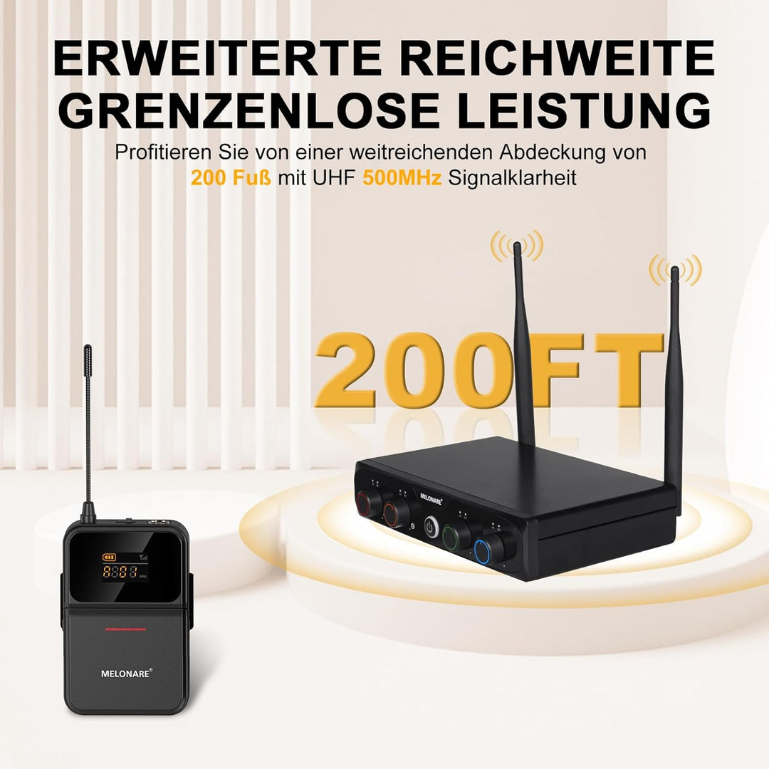 4-K-UHF-Funkmikrofonsystem mit 4x10 Frequenzen, 200 Fuss Reichweite, 4 Bodypack und Headset/lapelle-
