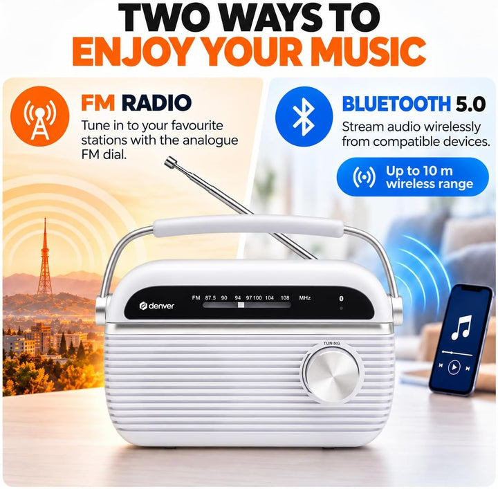 Denver Tragbares FM-Radio mit Bluetooth 5.0, 230 V oder Batteriebetrieb