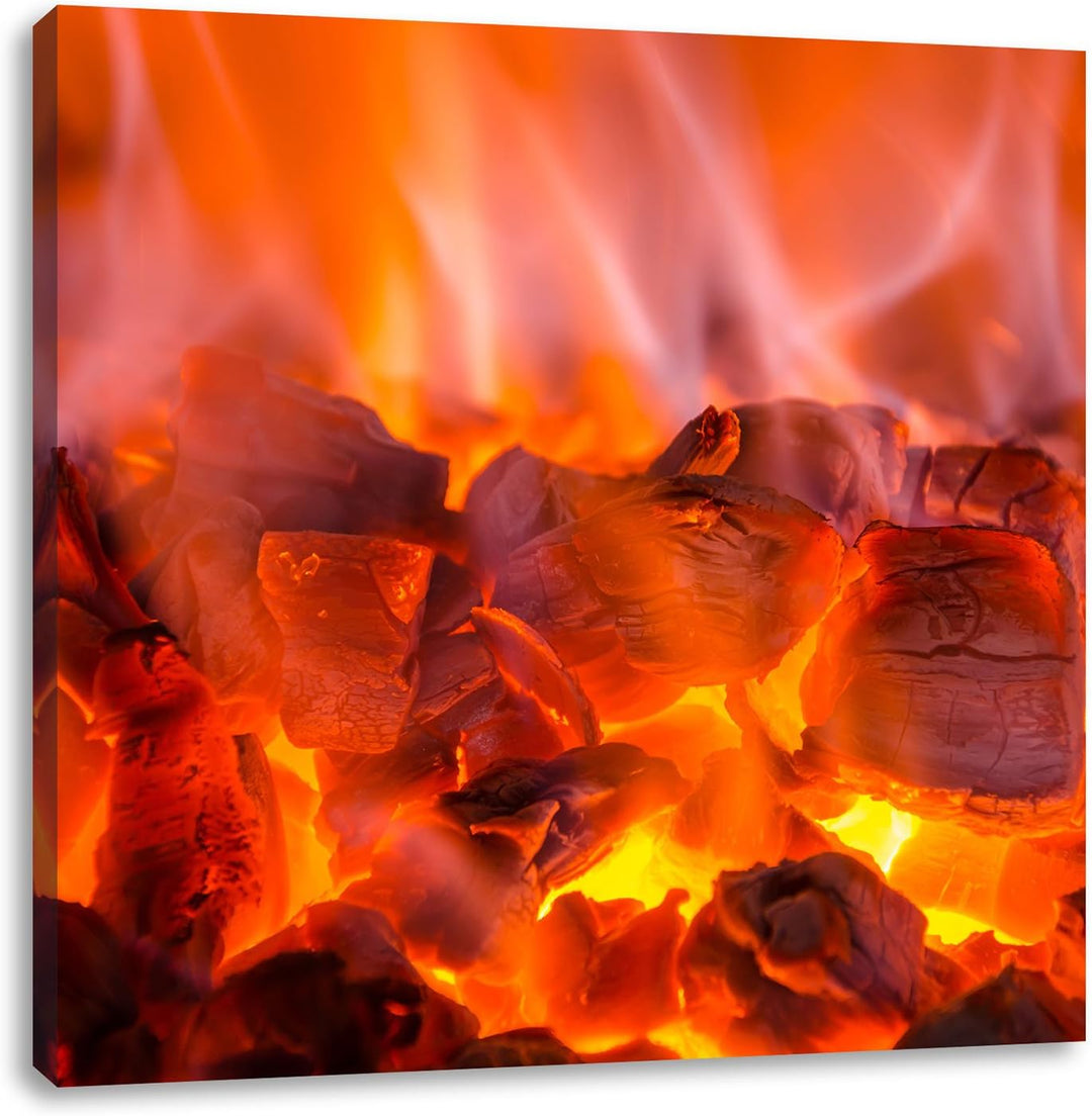 Pixxprint Holzkohle Feuer, Format: 70x70 auf Leinwand, XXL riesige Bilder fertig gerahmt mit Keilrah